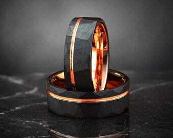Black Hammered Tungsten Ring, Rose Gold Stripe, 8mm Comfort Fit Wedding Band