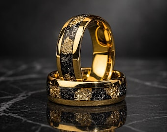8MM Tungsten Carbide Ring: Gold Foil Meteorite Inlay, Dome Edge Wedding Band