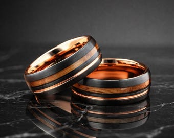 Whiskey Barrel Wood Tungsten Ring, Black Domed Wedding Band 8mm, Rustic Groom Ring