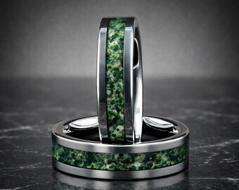 Men's Moss Agate Wedding Ring, 6mm Silver Tungsten Band, Nature Inspired Groom Ring