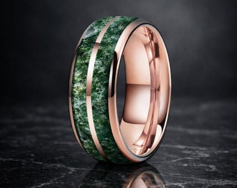 Green Moss Agate Tungsten Ring, Rose Gold Double Groove Wedding Band (8mm)