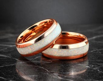 Rose Gold Tungsten Wedding Ring, White Fire Opal Inlay Band, 8mm Comfort Fit