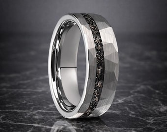 8mm Hammered Tungsten Ring, Meteorite Inlay, Mens Wedding Band, Comfort Fit Jewelry