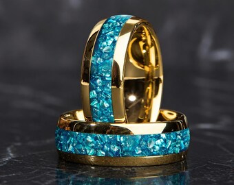8mm Tungsten Wedding Ring: Sky Blue Crystal Inlay Band, Comfort Fit, Scratch Resistant