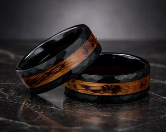 Charred Whiskey Barrel Wood Ring, Black Hammered Tungsten 8mm Wedding Band, Rustic Comfort Fit