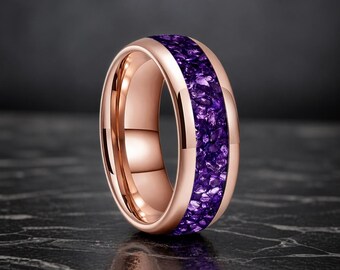 8mm Tungsten Carbide Ring: Purple Crystal Inlay Gold Band, Unisex Comfort Fit