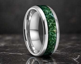 8MM Tungsten Carbide Ring: Green Moss Agate Inlay, Dome Wedding Band, Comfort Fit