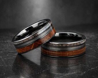 Tungsten Carbide Ring, Whiskey Barrel Wood & Antler Inlay, Fishing Line Detail