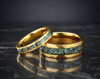 Moss Agate Tungsten Wedding Ring Set, Yellow Gold Hammered Couples Bands (8mm 4mm)