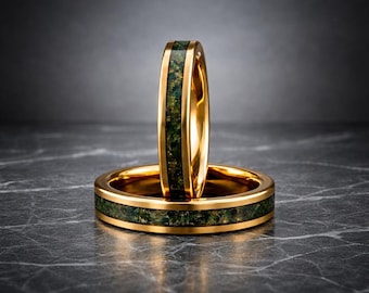 4mm Yellow Gold Tungsten Ring, Moss Agate Gold Foil Inlay Wedding Band