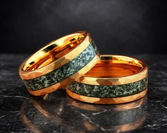 Green Moss Agate Tungsten Ring: Yellow Gold Hammered Band, 8mm Nature Stone
