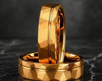 Hammered Yellow Gold Tungsten Ring, 6mm Wedding Band, Unisex Comfort Fit