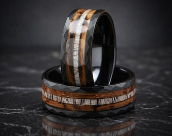 Men's Deer Antler & Whiskey Barrel Wood Ring, Black Hammered Tungsten Band 8mm