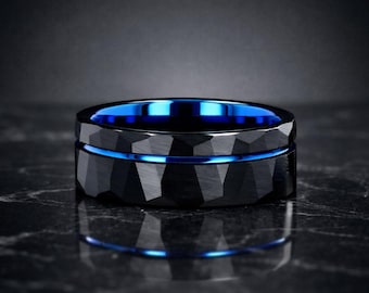 Black Hammered Tungsten Ring, Blue Line Mens Wedding Band, 8mm Comfort Fit