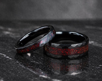 Black Tungsten Ring, Fire Opal Inlay Wedding Band, Couples Comfort Fit (8mm 4mm)
