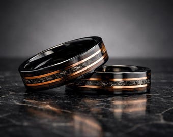 Black Tungsten Whiskey Barrel Meteorite Ring, Rustic Mens Wedding Band 6mm