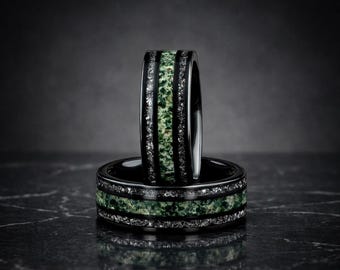 Black Tungsten Ring: Moss Agate & Meteorite Inlay Wedding Band
