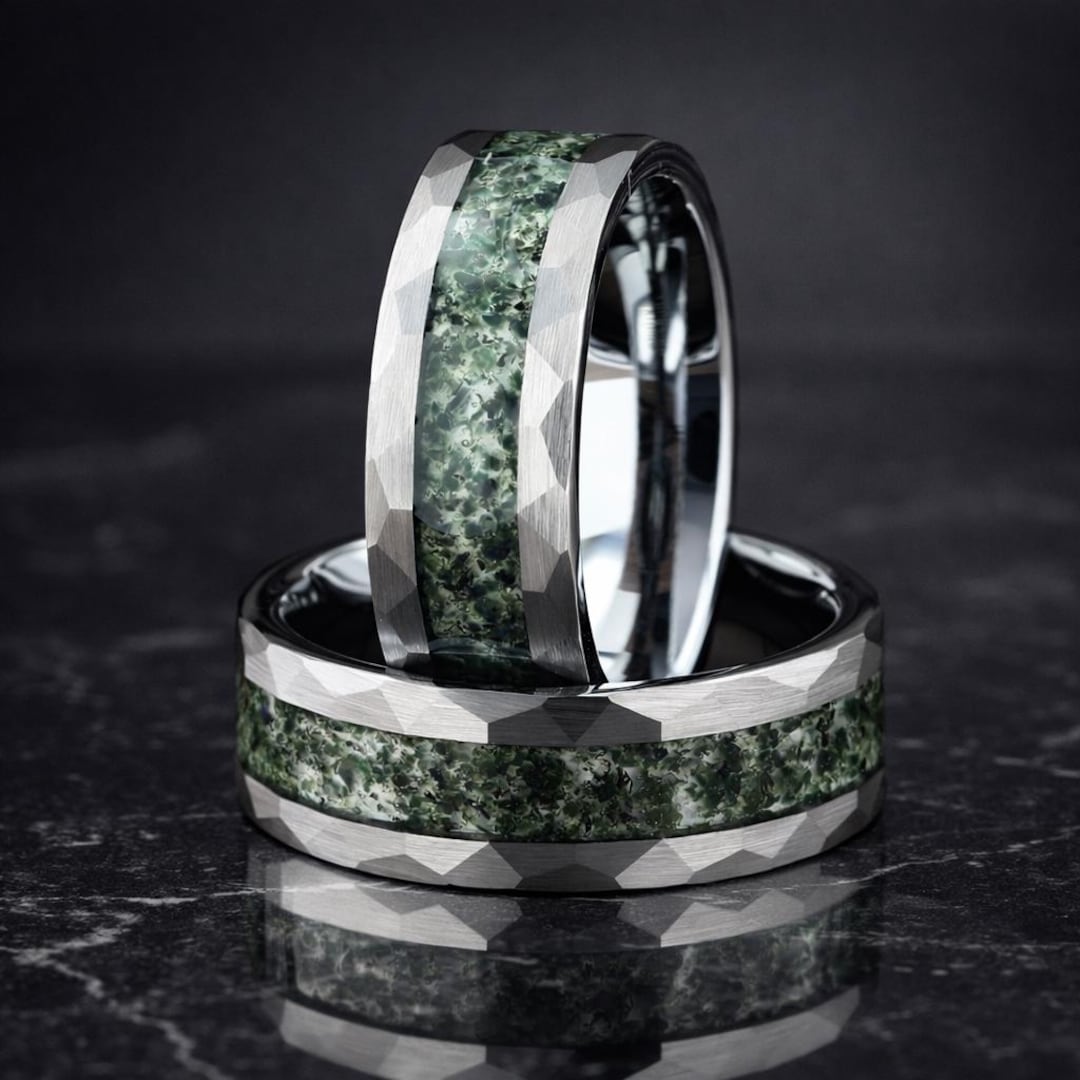 8mm Hammered Tungsten Ring, Moss Agate Inlay, Mens Wedding Band, Nature ...