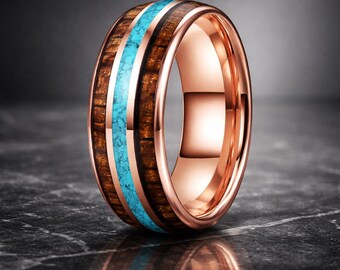 Tungsten Carbide Ring: Wood Turquoise Inlay Comfort Fit Band