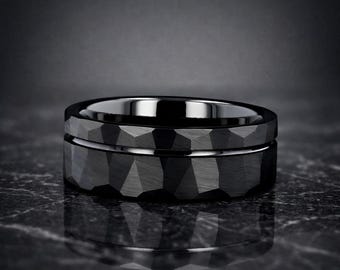 Black Tungsten Hammered Wedding Band, Men's Ring with Thin Line, 8mm Comfort Fit
