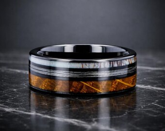 Tungsten Whiskey Barrel Wood Antler Fishing Line Ring, Men's Wedding Band