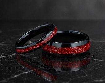 Black Tungsten Ring, Crushed Red German Glass Inlay, Wedding Band (8mm/4mm)