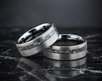 Meteorite Tungsten Ring: Brushed Silver Mens Wedding Band, Comfort Fit Cosmic Jewelry