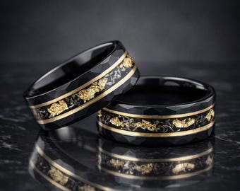 Hammered Gold Leaf Meteorite Tungsten Ring, Black Brushed Wedding Band 8mm