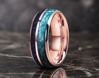8MM Tungsten Ring, Blue Sandstone Crushed Pearl Inlay, Galaxy Design, Comfort Fit Band