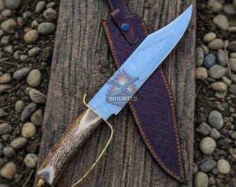 Handmade Bowie Knife 1095 Steel Stag Handle Brass Guard 16” Custom Hunting Knife