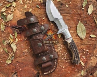 Handmade Tracker Knife with Stag Antler Handle & Leather Sheath – 12” Custom Hunting Knife