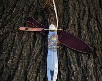 Handmade Bowie Knife – Stag Antler Handle, Brass Guard, Leather Sheath - Gift for him - Personalized Gift