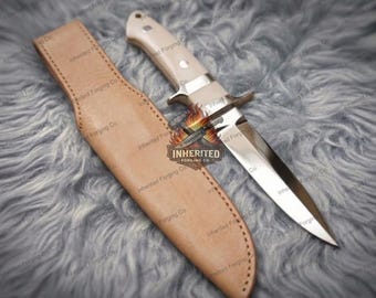 Custom D2 Steel Hunting Knife – Double Clip Point Bone Handle with Leather Sheath