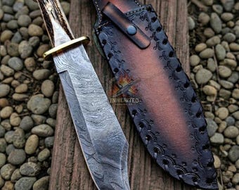Handmade Damascus Steel Bowie Knife – Stag Handle, Brass Guard, Leather Sheath – 16” Hunting Knife