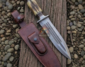 Handmade Double Edge Bowie Knife – 1095 Carbon Steel, Stag Handle, Leather Sheath