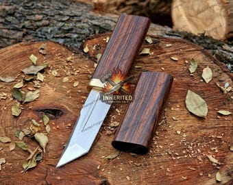 Handmade Tanto Style Japanese Pocket Knife with Rosewood Scabbard | 1095 Carbon Steel Mini Tanto EDC Knife | Samurai Style Utility Blade
