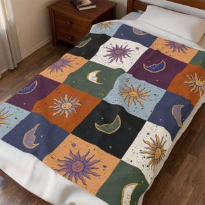 Sun and Moon Patchwork Blanket | Velveteen Plush Blanket, Celestial Squares