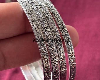 925 Sterling Silver Floral Engraved Bangle Set, Vintage Ethnic Stackable Bracelets (4 Pieces)