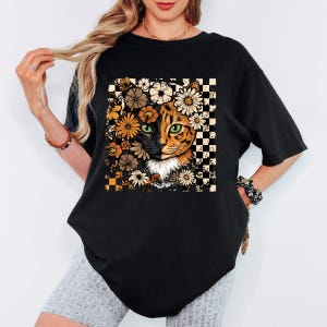 Retro Floral Cat Shirt, Comfort Colors Cat Tee, Checkered Tortie Cat Shirt, Cat Mom Gift, Vintage Groovy Cat Tee, Fall Cat Lover Shirt