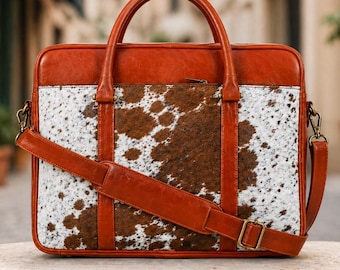 Cowhide Leather Laptop Bag, Hair On Hide Messenger, Western Briefcase, Rustic Office Bag