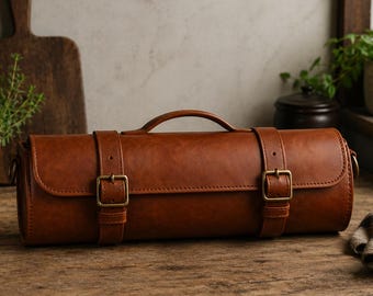 Leather Chef Knife Roll Bag, Waxed Canvas Organizer, Portable Culinary Storage Case