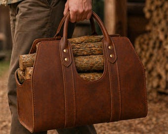 Leather Firewood Carrier Bag, Rustic Log Tote Holder, Cabin Décor Wood Carrier