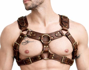 Men's Brown Leather Chest Harness, Adjustable Body, Brass Hardware, Festival Clubwear