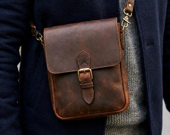 Handmade Vintage Brown Leather Crossbody Bag for Men | Messenger Satchel Sling Bag