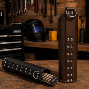 May include: Two cylindrical storage containers, one black and one brown, featuring vertical straps secured with silver-toned metal rivets and a circular metal ring at the top. The black container is positioned horizontally and contains a bundle of metal rods.