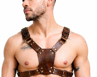 Men's Brown Leather Chest Harness – Adjustable Punk Gothic Body Strap Outfit