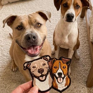 Peut inclure: Deux chiens, un beige et un marron et blanc, sont assis sur un tapis de couleur claire. Une main tient un écusson avec des images brodées des deux chiens. L'écusson a une bordure marron et représente les visages des chiens.