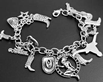 Western/Cowgirl Charm Bracelet: 7.5 inches- Antique Silver
