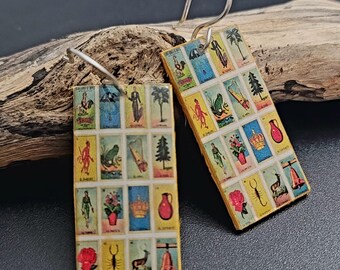 Vintage Loteria Card Statement Earrings | Mexican Bingo Inspired Jewelry | Rectangular Drop Earrings with High-Gloss Resin Finish