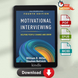 May include: A digital tablet displays the cover of "Motivational Interviewing" by William R. Miller and Stephen Rollnick. The book cover is blue with white text. The tablet also shows download options for PDF, EPUB, and MOBI formats.